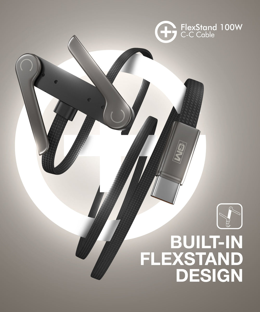 Built-in FlexStand design on a flat braided cable